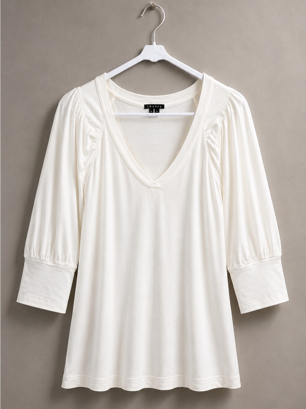 Theory White V-Neck Puff Sleeve Top M Cotton Stretch 3/4 Sleeve Minimal Chic